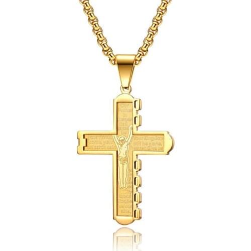 Stainless Steel Gold God Jesus Cross Christ Pendant Necklace Bible Verse Jewelry Gift For Him with Chain