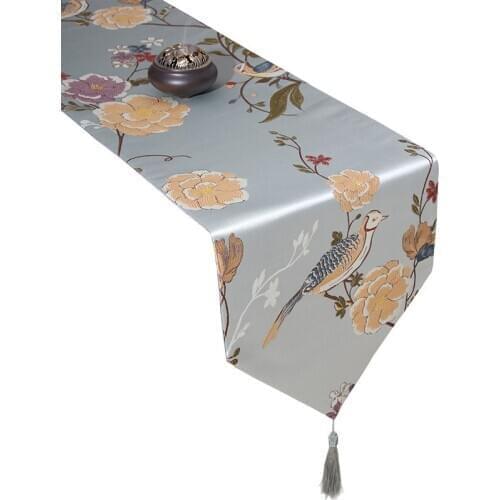 33x210cm Chinese bird flower jacquard table runner tassel satin floral table cloth mat cover dust proof cabinet mat