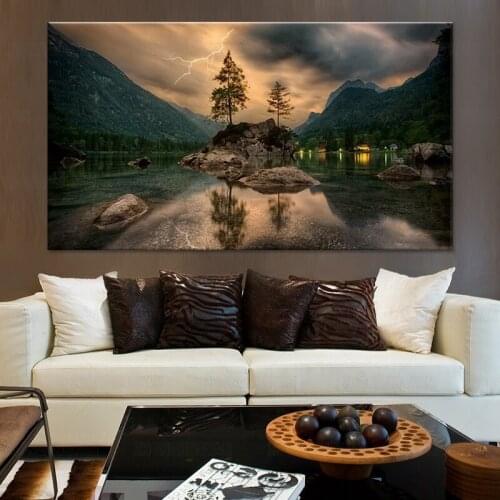 Abstract Canvas Paintings Posters Prints Mountain Lake Lightning Landscape Wall Art Picture Home Decor Living Room