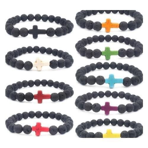 8mm black volcanic lava stone dg34324 cross red blue red turquoise Yoga elastic thread adjust bead Stone Bracelet Bangles