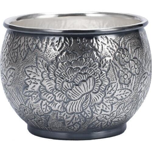 Pure Tea Cup Silver Cup Pure Handmade Foot Silver 999 Retro Peony Cup Family Kungfu Silver Cup