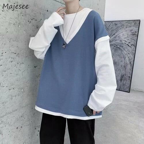 Long Sleeve T-shirts Men Patchwork All-match Harajuku Fake Two Pieces Plus Size 3XL Fashion Tshirts Casual Simple Streetwear