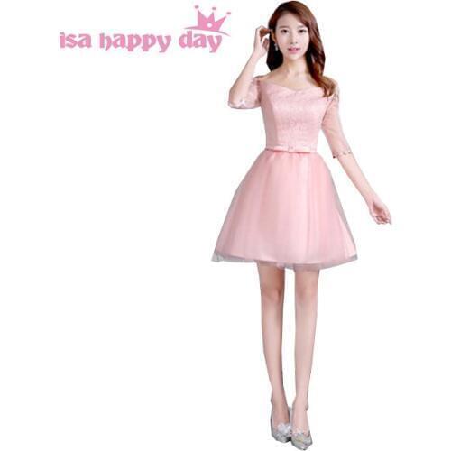 Beautiful pink bridemaids elegant party dresses with sleeves for women sleeved sexy tulle short bridal dress for wedding H3890