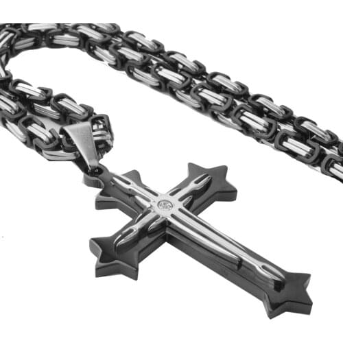 Black Silver Color Jesus Cross Pendant Necklace Stainless Steel Men Jewelry Byzantine Link Chain Popular Christian Collar