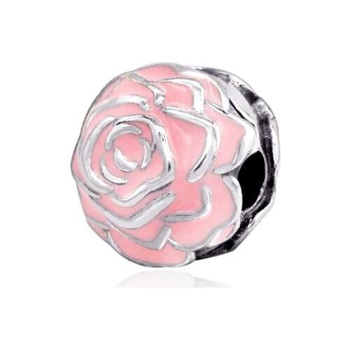 Lady Gift 925 Sterling Silver Beads Fit Original Pandora Bracelets Pink Peony Charm Women DIY Fashion Jewelry