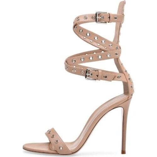 Hot Summer Woman Nude Small Hole Rivets Sandals Boots Ladys Cross Buckles Strap Cover Heel Thin Heels Short Ankle Booties