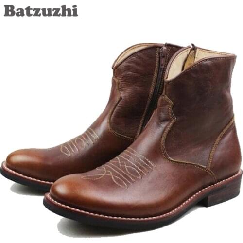 100% Handmade Mens Winter Boot Genuine Leather Mens American Cowboy Ankle Booot Western Style Military Boots Brown Botas, 44