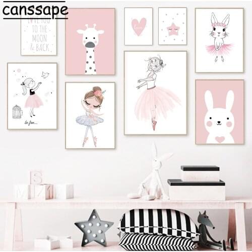 Nursery Wall Art Print Ballet Girls Canvas Prints Animals Posters Line Love Star Paintings Quotes Pictures Pink Girls Room Decor