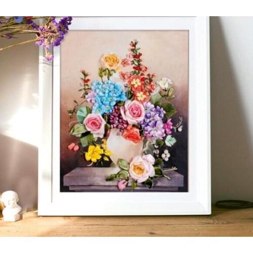 60x50cm 3D Sound of flowers Ribbon embroidery kit stain painting set handcraft kit DIY handmade needlework art home decor