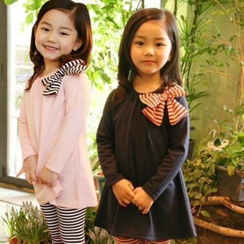 Girls Clothes Two-piece Cotton Long-sleeved T-shirt Striped Lattice Leggings Bow Decoration Hot Sal 3-8 Y Child Quality Clothing