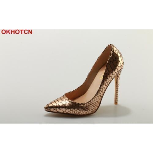 OKHOTCN Gold Snakeskin Pattern Single Shoes Woman Sexy Thin Heels Sapato Feminino Party Zapatos Mujer Tacon Wedding Women Pumps