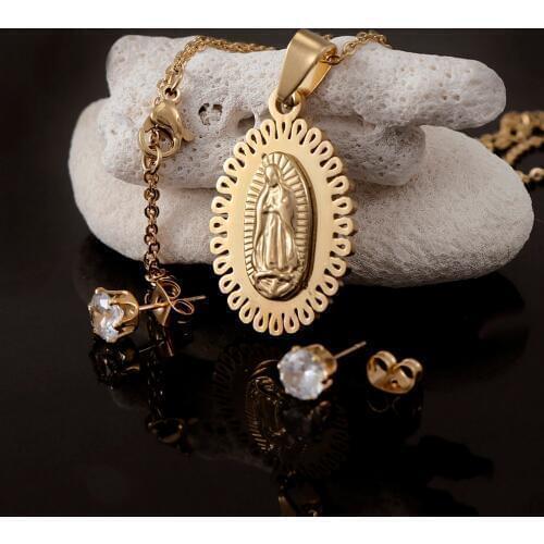 Gold Stainless Steel Oval Christian Catholic Necklace With Rhinestone For Virgin Mary Pendant Necklace Women Gift Set