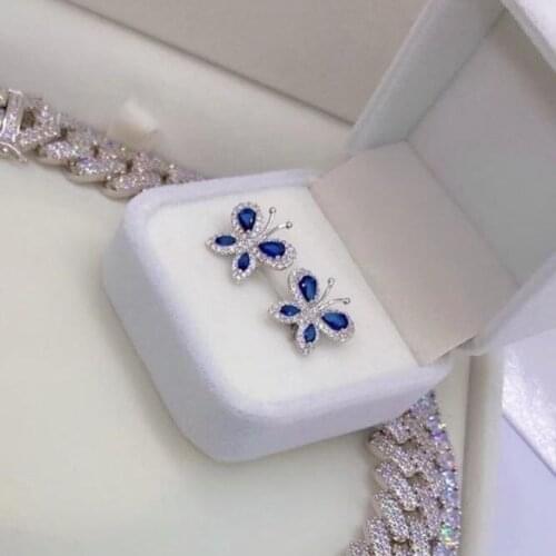 Silver color white blue teardrop cubic zirconia sparking bling cz butterfly stud earring for women girl fashion jewelry