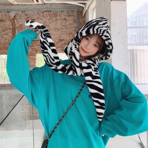 Ear Hat Cute Caps Plush Zebra Print Women Outdoor Casual Vintage Sweet Wild Winter Wrap Warm Velvet Hat Cap Ladies Soft Female