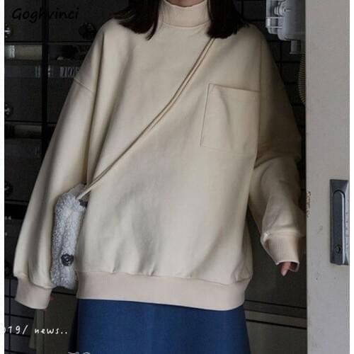 Women No Hat Hoodies Solid Leisure Turtleneck Patchwork Pocket Sweatshirts Japanese Plus Velvet Thicker Winter Clothes Outwear