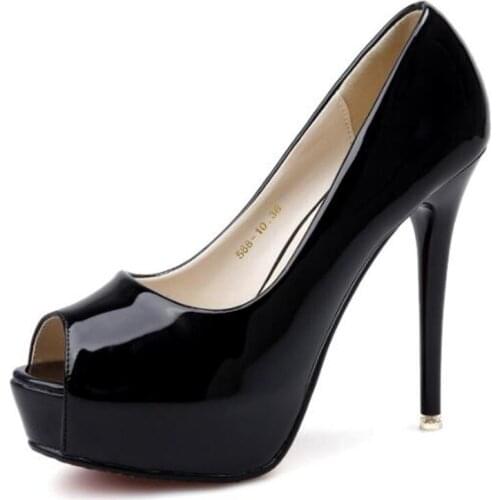 Women Pumps Brand 12CM Thin High Heels Black Patent Leather Slip On Peep Toe waterproof Dress Party Wedding shoes for women
