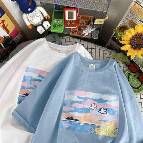 Womens t-shirts summer Harajuku style milk blue print student short-sleeve t-shirt loose all-match Oversized Tops Women clothes
