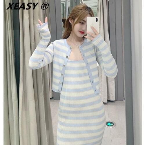 XEASY Za Women Spring Knit Cardigan Temperament Sweet Long Sleeve Single Breasted Striped Knitted Cardigans Short Jacket