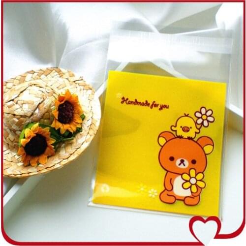 100pcs/lot cookie packaging bags yellow relaxed bear bag self adhesive plastic bag 10x10cm