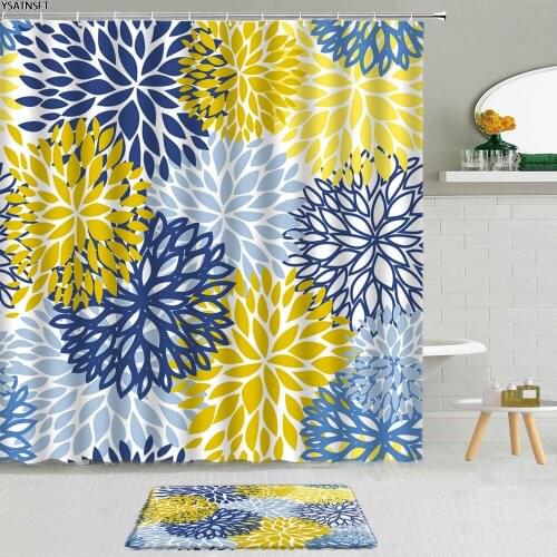 2Pcs Color Flower Yellow Blue Shower Curtain Hand Painted Floral Pattern Non-Slip Bath Mat Hanging Curtains Decor Bathroom Set