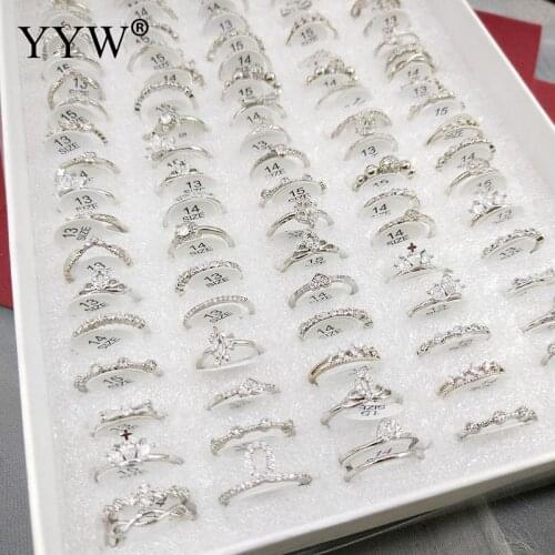 50pcs Crystal Ring Rhinestone Silver Color Women Engagement Fashion Jewelry Wedding Party Gift Cubic Zircon Finger Rings Girls