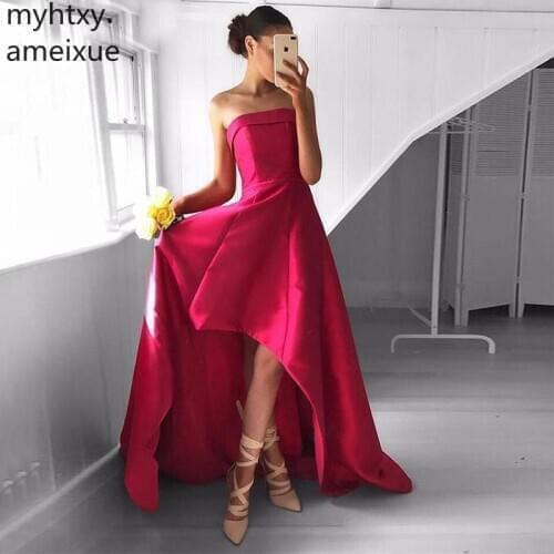 Custom Simple High Low Prom Dresses Strapless Fuchsia Satin Formal Party Gowns 2020 Cheap Short Front Long Back Abendkleider