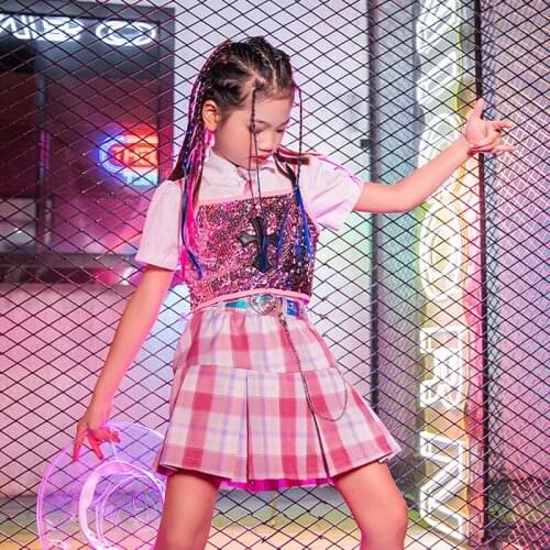 Sequins Jazz Dance Outfit Designer Clothes Catwalk Show Costume Pink Girl Sets Skirt Cheerleader Uniform Stage Costume DL8228