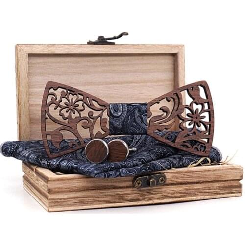 Black Walnut Flower Hollowed Bow Tie Men Wedding Party Business Wood Bow Tie Set Handkerchief Cufflinks