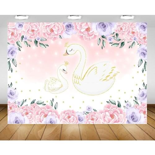 White Swan Newborn Birthday Party Photography Backdrop Baby Shower Pink Purple Flowers Photo Background for Photo Studio