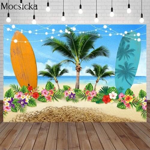 Summer Surf Photography Background Surfboard Sandy Beach Sea Blue Sky Palm Tree Decor Child Birthday Party Backdrop Photo Studio