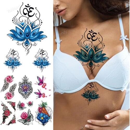 Henna Lotus Temporary Tattoo For Women Fake Jewelry Chains Purple Black Flower Body Art Tatoo Sticker Transfer Girl Tattoo Big