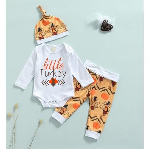 Thanksgiving Newborn Baby Girl Clothes Set Letter Print Long Sleeve Jumpsuit Top + Trousers + Hat 3pcs Autumn Outfit