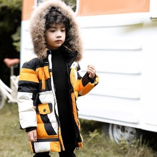 2019 New Brand Hooded Winter Jackets Camouflage Parkas Duck Fur Collar for Teenagers Boys Girls Thick Long Jackets Kids Clothes