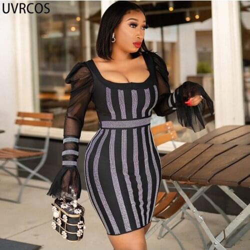 UVRCOS Hot Streetwear Sexy Mesh Mini Dresses Puff Sleeve Autumn New Arrival Shiny Diamonds Square Neck High Street Bodycon Dress