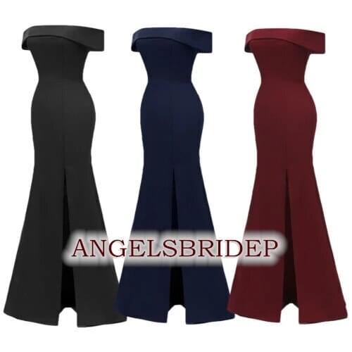 ANGELSBRIDEP Boat-Neck Mermaid Long Bridesmaid Dresses Sexy Side Split Simple Design Cheap Formal Wedding Guest Party Dresses