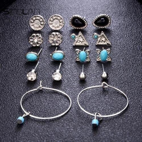 Sindlan Earring Fashion 9pair / Set Jewellery Bohemian Vintage Engraving Flower Charm Crystal Blue Resin Stud Earrings For Women