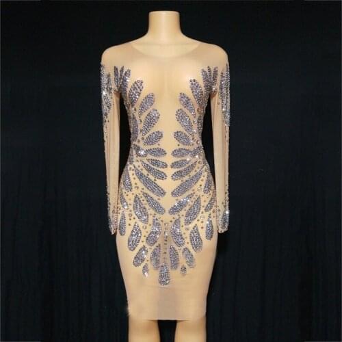 Rhinestone Full Rhinestones Stretch Mesh Short Dress Party Evening Dresses Costume Stage Rave Outfit Festival Clothing XS2860