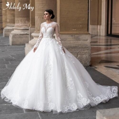 Adoly Mey Elegant O-Neck Long Sleeve Bride Ball Gown Wedding Dress Luxurious Beading Appluques Court Train Princess Bridal Gown