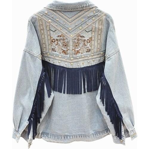 Streetwear Style Print Womens Denim Jacket Coat Diamonds Hole BF Jeans Outwear Female Spring Autumn Casual Loose Cowboy Outwear