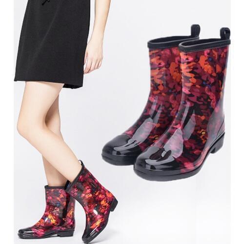 FRALOSHA Women Round Toe Printed Flower Rubber Water Shoes Spring Autum Ladies Rainboots Waterproof Heel Rain Boots Size 36-41