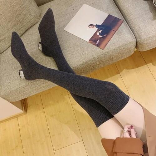 2021 Pointed Toe Womens Over The Knee Sock Boots Rhinestone heel Knitting Sock Boots Elastic Slim Female Thigh High Boots Flat