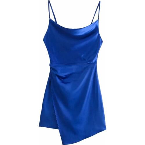 TRAF Women Blue Satin Dress 2021 Ruched Slip Dress Woman Sexy Backless Za Summer Sundress Short Sleeveless Strap Party Dresses