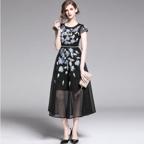 Womens spring summer flower embroidery lace dress female runway fashion high waist A-line medium long mesh dress TB719