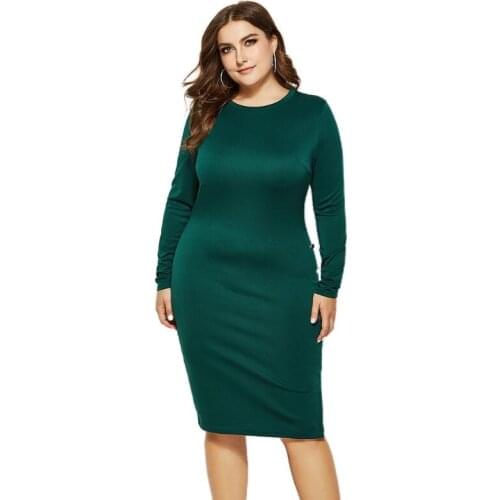 40GC Women Long Sleeve O-Neck Bodycon Midi Dress Solid Side Split Buttons Clubwear