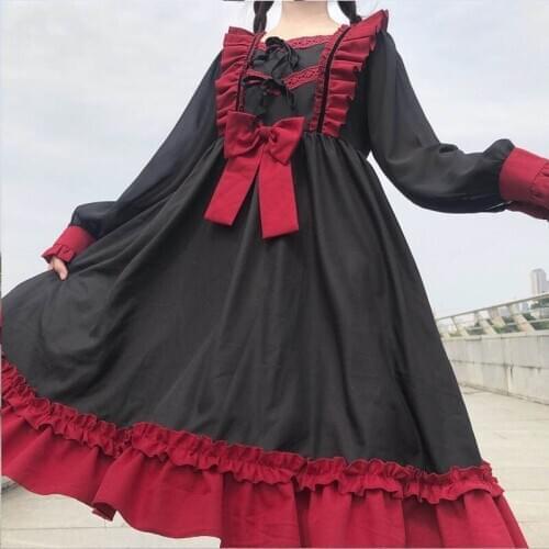 Japanese Lolita Dress For Women Kawaii Autumn Spring Square Collar Contrast Color Bow Ruffles Dress Girls Cute Lolita Dress