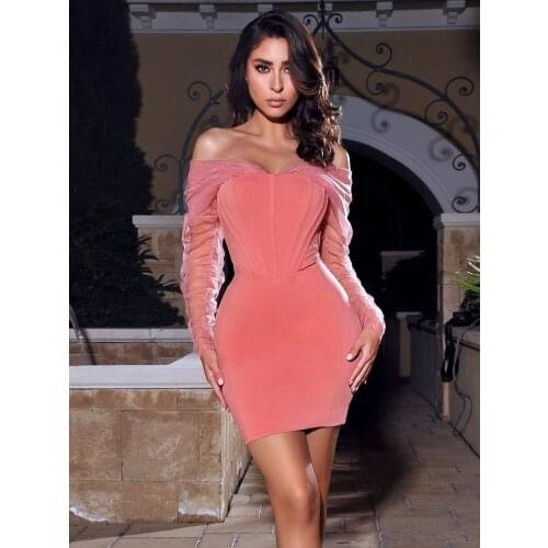2021 Women Summer Sexy Off Shoulder Mesh Long Sleeve Bodycon Mini Bandage Dress Elegant Pink Cocktail Club Party Dress Vestido