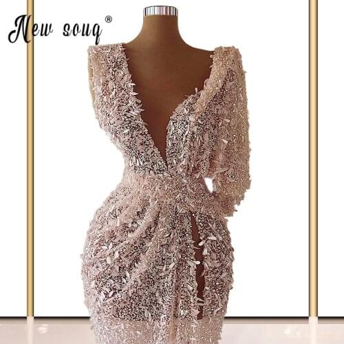 Sexy V Neck Beaded Sequined Evening Dress Luxury Mermaid Long Pink Crystals Formal Party Gown with Split Side One Sleeve Robes
