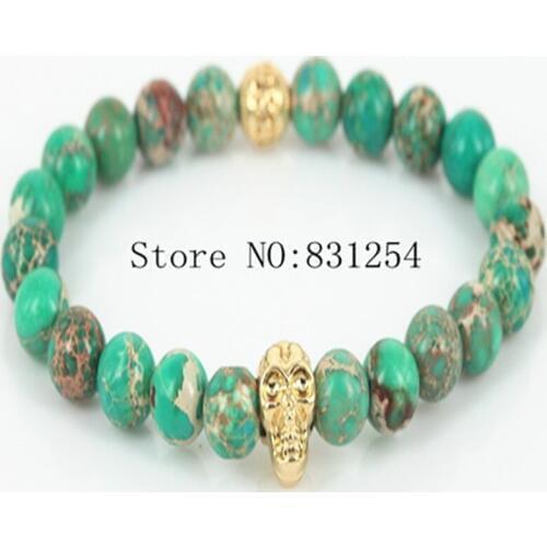 Fashion Sytle 1pc Gold Color Gold Skull Head Bracelet,8mm Sediment Stone Beads Bracelet,Women Men Yoga Bracelet,Hamsa Bracelet