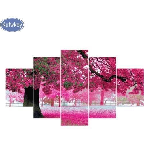 5D DIY Diamond Painting Full Square/Round Drill "pink treel" Embroidery Cross Stitch diamond mosaic Cherry blossoms 5 pcs Decor