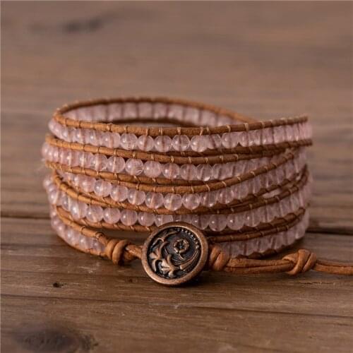 Boho 4mm Rose Quartz Beads Wrap Bracelet 5 Layering leather bead bracelet Bohemian braided Bracelet Gift for Friend Dropshipping